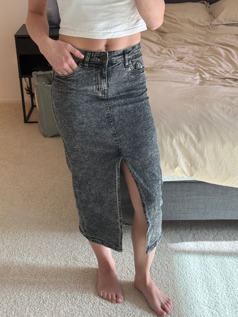 High-Rise Acid Wash Midi Skirt with Front Slit - Charcoal